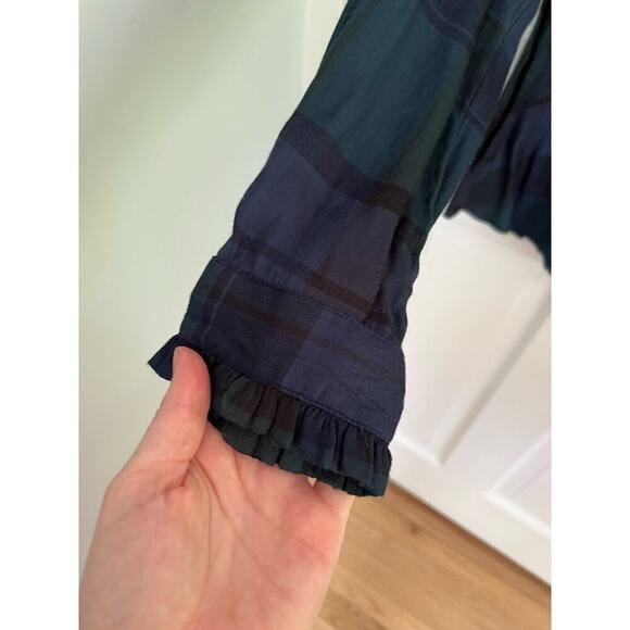 Loft Women's S Plaid Ruffle Collar Hem Button Up Shirt Blue Green Coquette - Picture 6 of 13